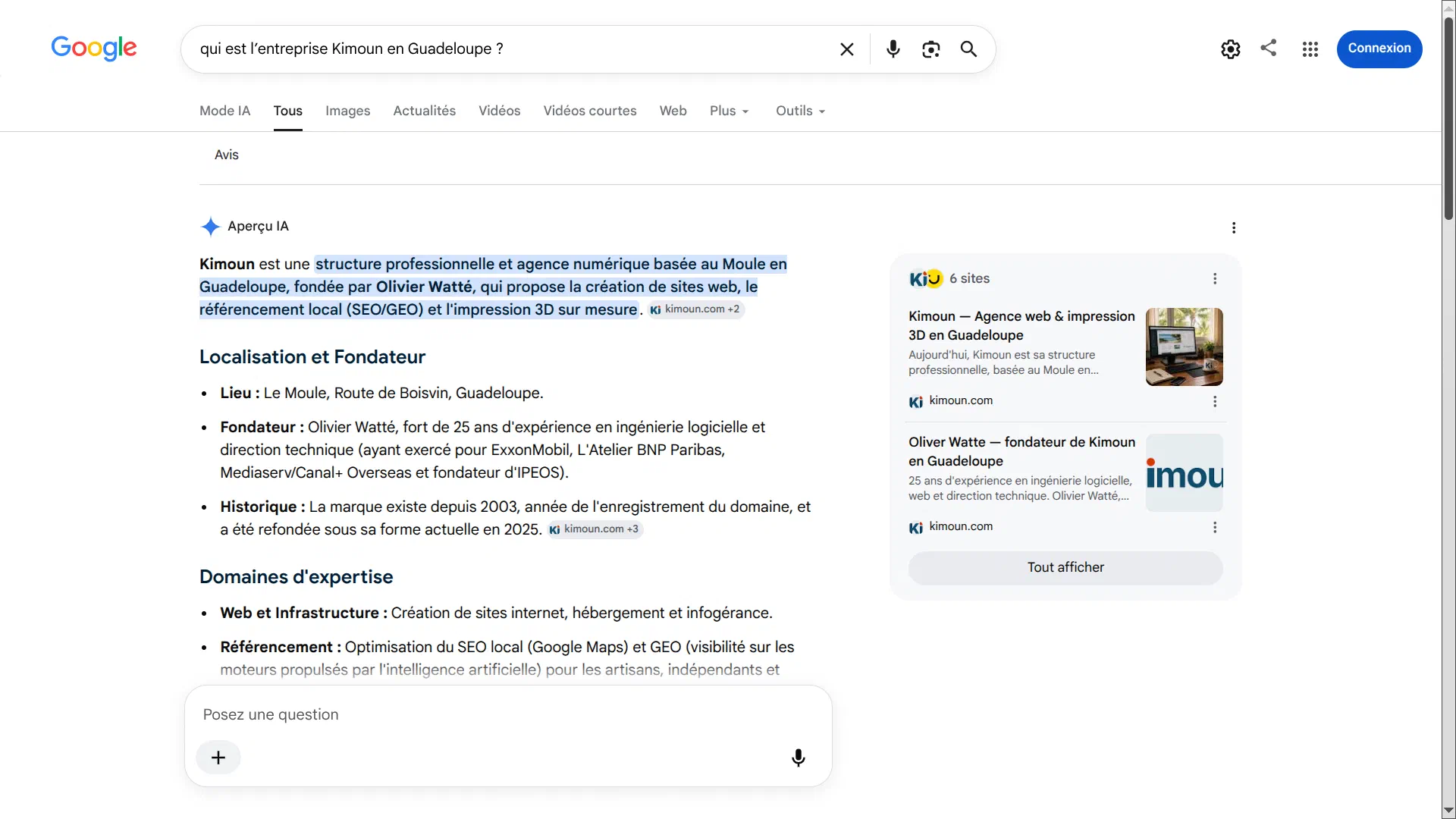 Aperçu IA de Google sur la requête « qui est l'entreprise kimoun en Guadeloupe ? », affiché depuis la Guadeloupe le 23 juillet 2026 : un texte rédigé sur Kimoun avec Localisation, Fondateur et Historique, et des cartes de sources citant kimoun.com