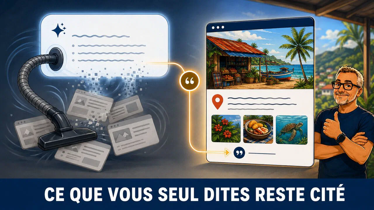 L'IA aspire et dissout les pages web génériques interchangeables, mais doit citer comme source la page locale guadeloupéenne authentique, riche de détails de terrain