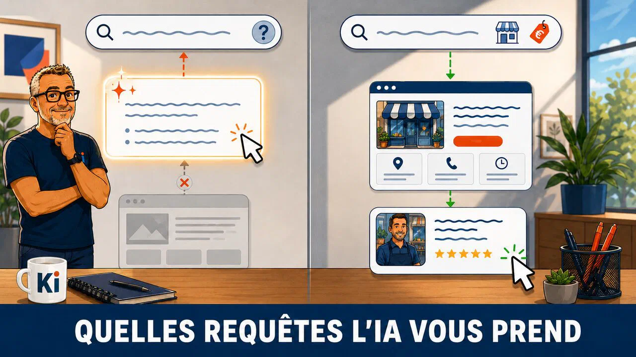 Schéma des deux types de requêtes : à gauche une question longue captée par l'aperçu IA qui n'atteint plus le site, à droite une requête de marque ou de devis qui mène directement au site et à la fiche entreprise