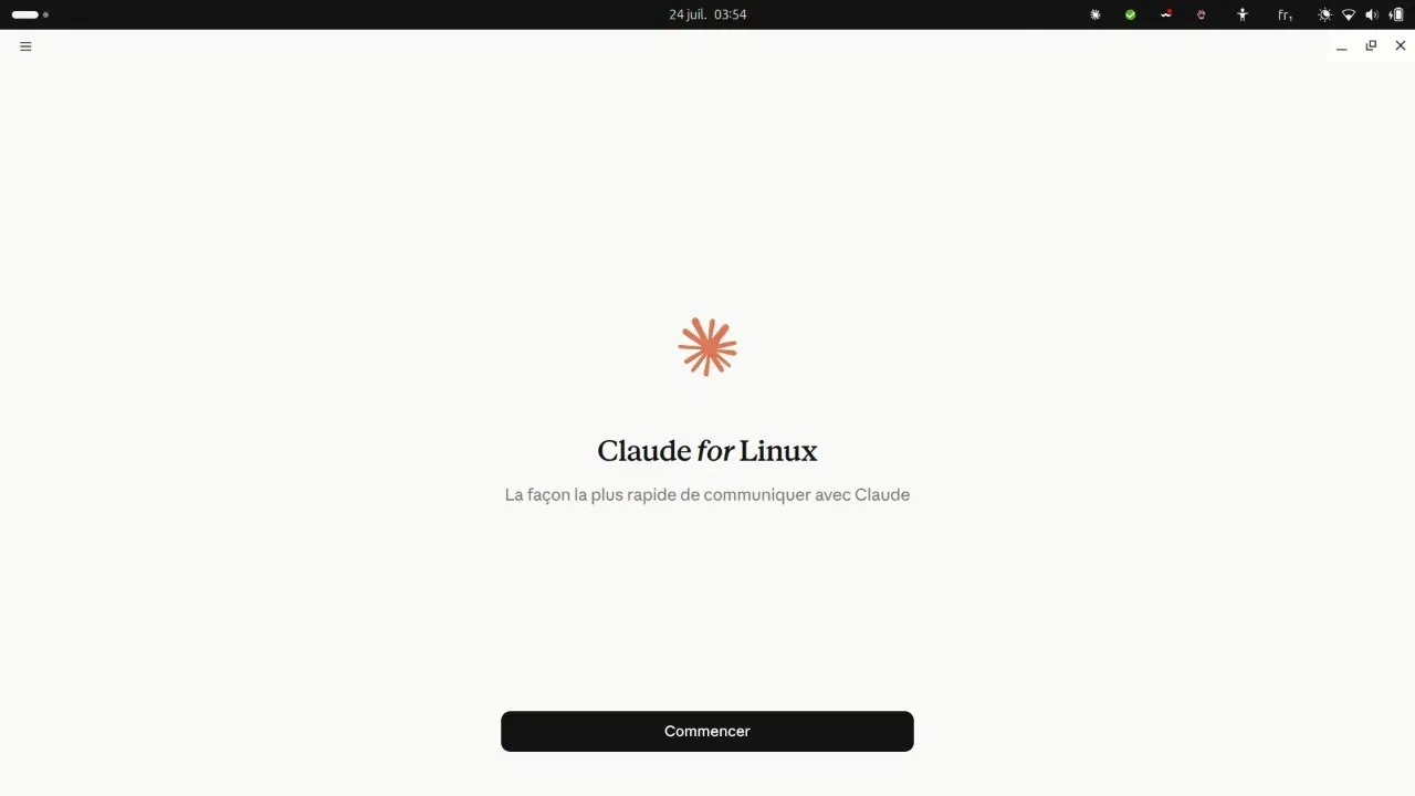 Claude for Linux welcome screen running in a French-language interface on an Ubuntu session, 24 July 2026