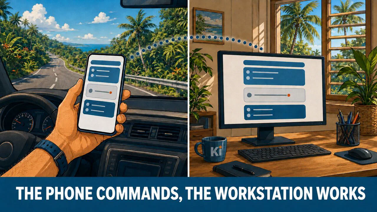 A smartphone held inside a vehicle remotely commands the workstation left at the office, with the same task showing on both screens