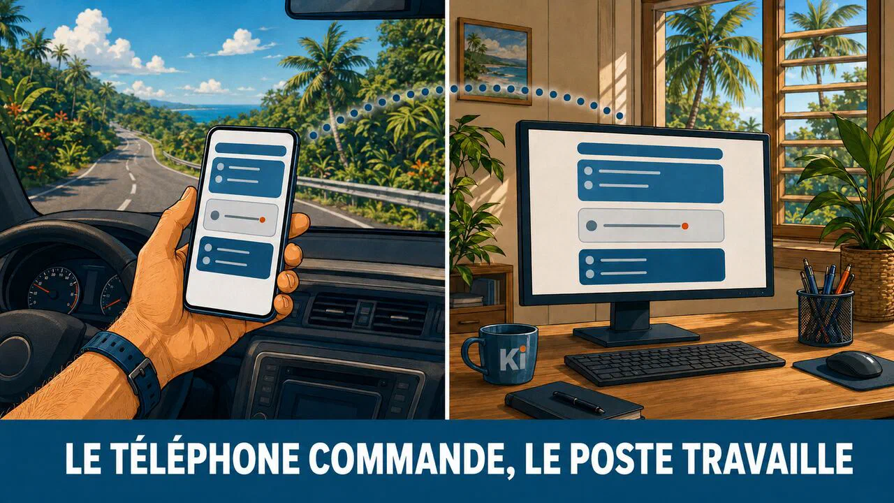 Le smartphone tenu dans un véhicule commande à distance le poste de travail resté au bureau, la même tâche s'affichant sur les deux écrans