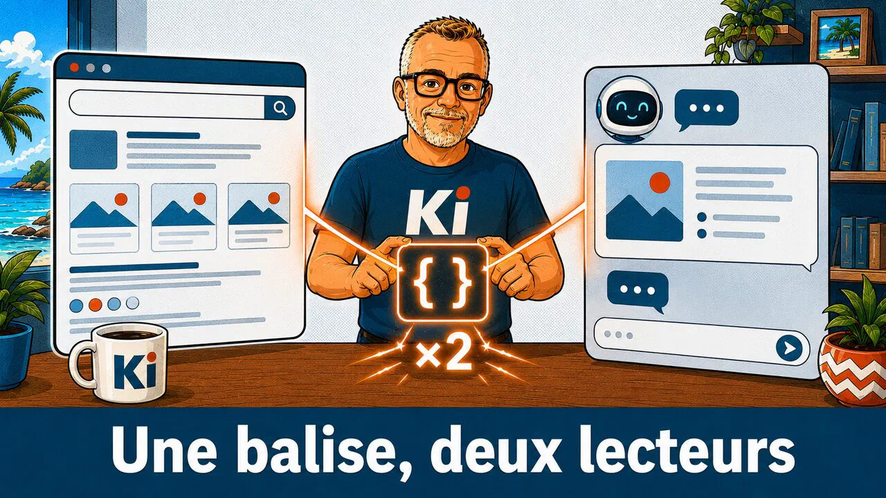 Une même balise JSON-LD posée sur une page se reflète des deux côtés : à gauche une barre de recherche Google, à droite une bulle de réponse d'IA — la donnée structurée travaille deux fois.