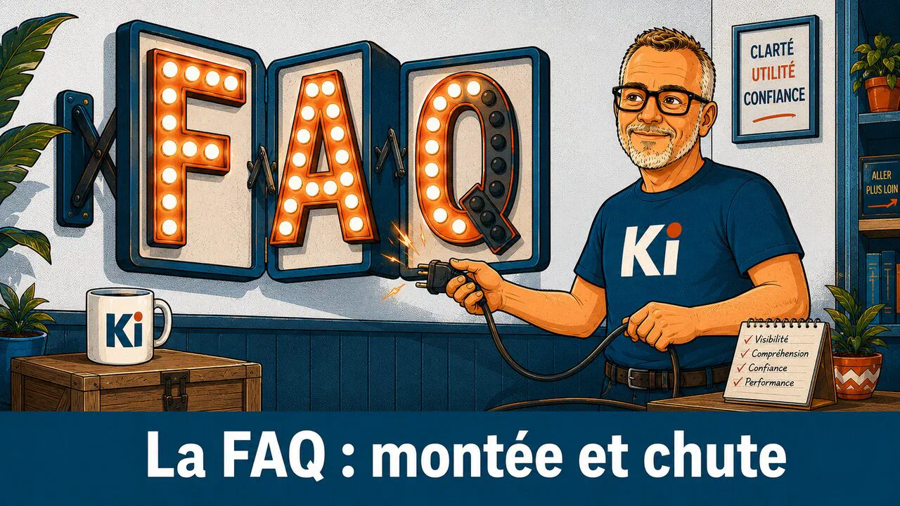 Un panneau « FAQ » jadis illuminé comme une enseigne, qu'on est en train de débrancher : l'essor puis le retrait du rich result FAQ, raconté comme une petite scène.