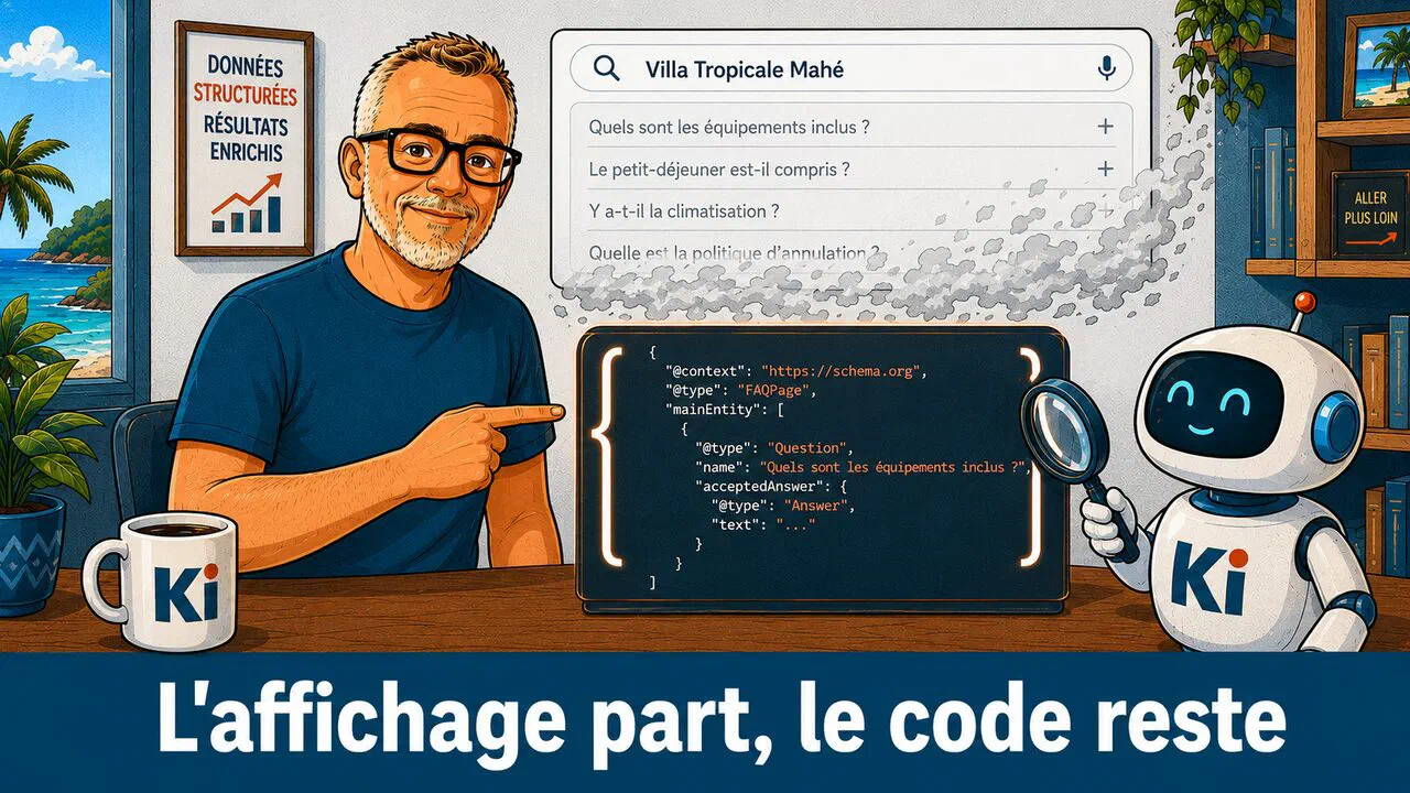 Sur une carte de résultat Google, l'accordéon FAQ se dissout, mais sous la page le code JSON-LD reste solide et un petit robot d'IA vient le lire : l'affichage disparaît, le balisage demeure.