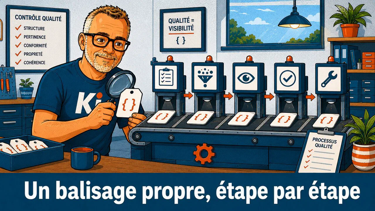 Une chaîne d'atelier en cinq postes : modéliser les entités, choisir les schémas, vérifier que le balisage colle au visible, valider, maintenir — la donnée structurée traitée comme une démarche qualité.