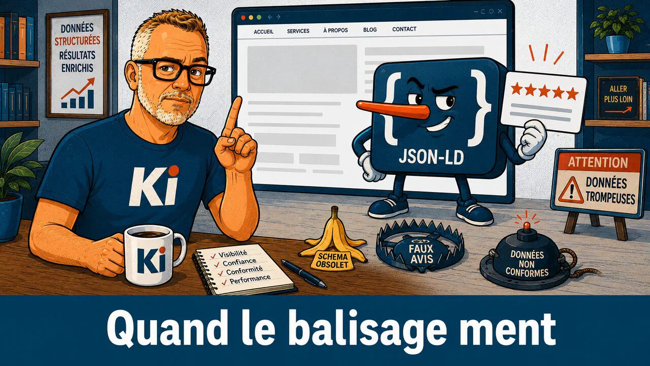 Une balise JSON-LD au nez de Pinocchio qui affirme une chose pendant que la page affiche l'inverse, avec quelques balises-pièges au sol : le balisage qui ment.