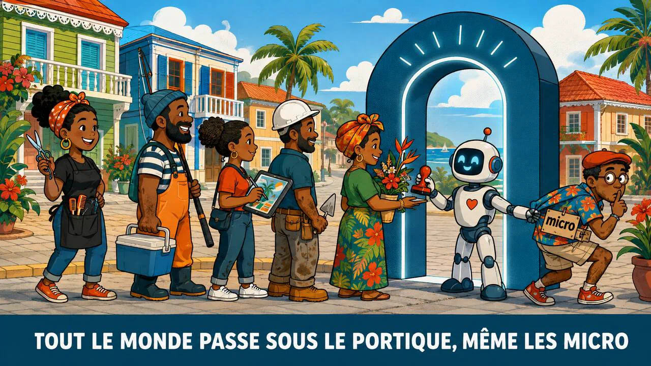 Illustration cartoon : une file de petits entrepreneurs guadeloupéens passe sous le portique de la facturation électronique, y compris les micro-entrepreneurs