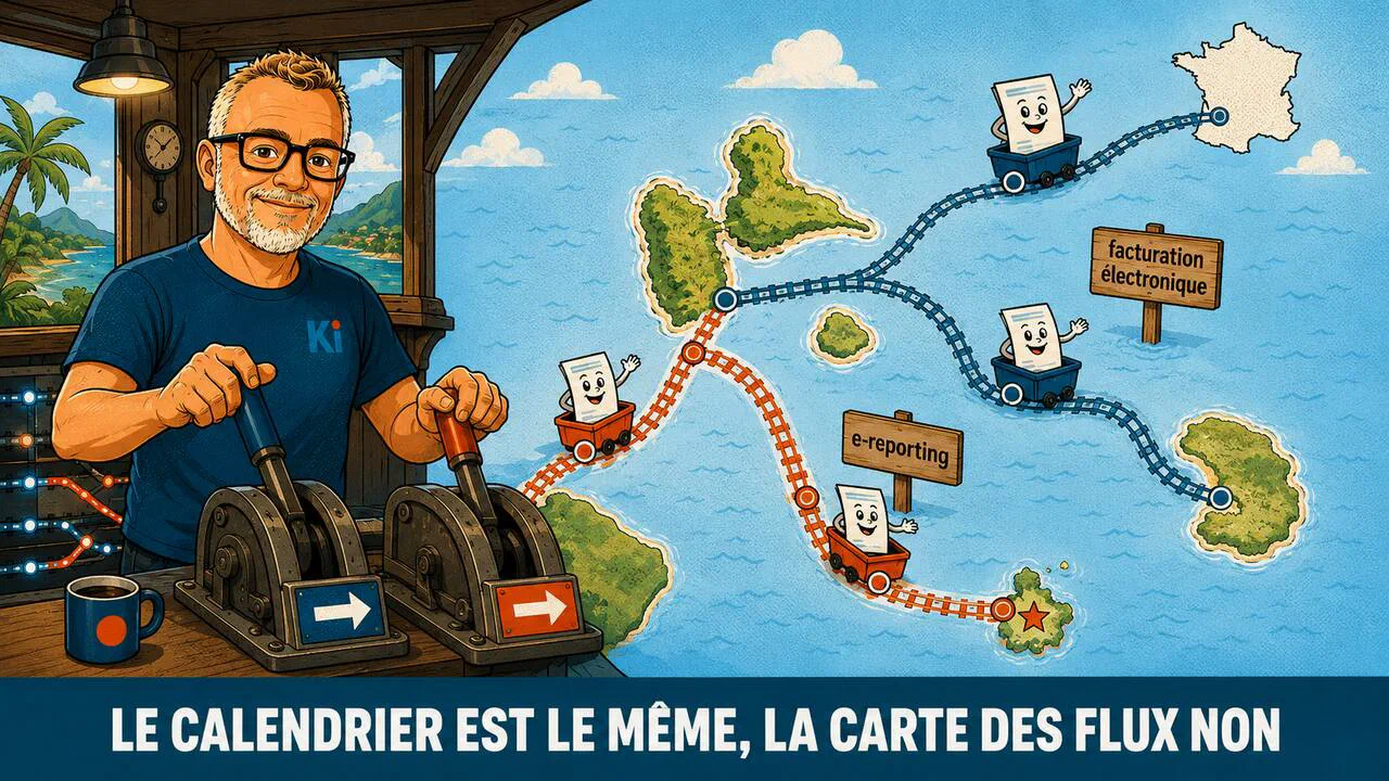 Carte des flux de facturation depuis la Guadeloupe : facturation électronique vers la Martinique et la métropole, e-reporting vers la Guyane et les collectivités d'outre-mer
