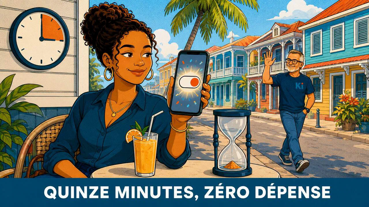 Illustration cartoon : une entrepreneuse active la facturation électronique depuis son téléphone en quelques minutes, à la terrasse d'un café