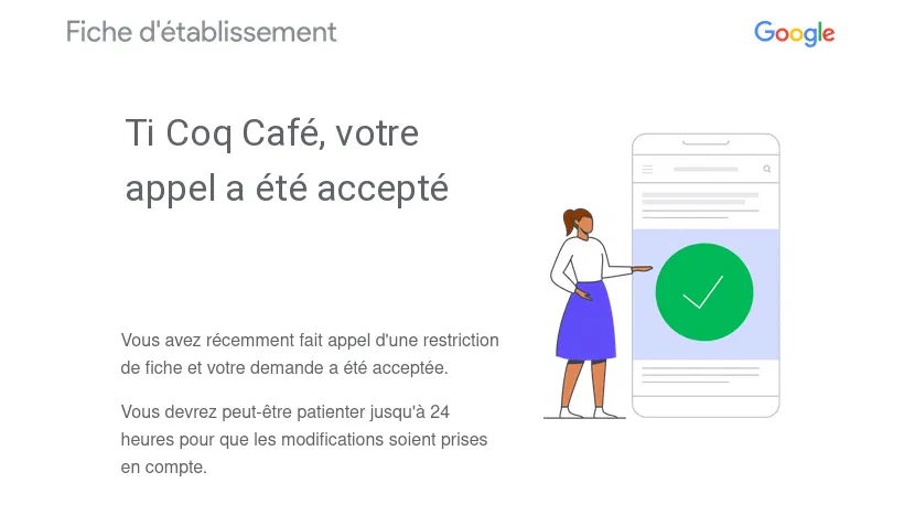 Confirmation Google indiquant que l'appel a été accepté, avec un délai de 24 heures avant la prise en compte des modifications.