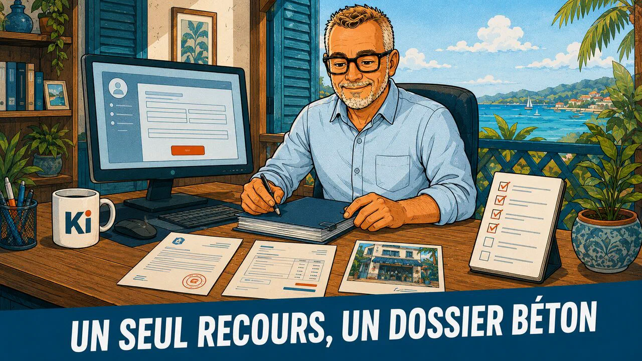 Olivier prépare un dossier de recours : Kbis, facture, photo de devanture et check-list de pièces sur un bureau.