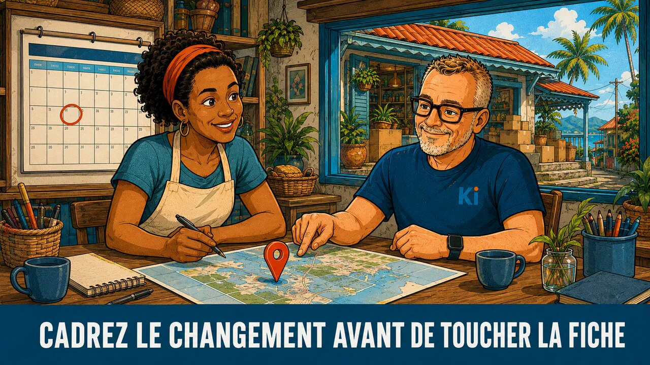 Une commerçante et Olivier planifient un déménagement sur une carte, calendrier au mur, avant toute modification de la fiche.