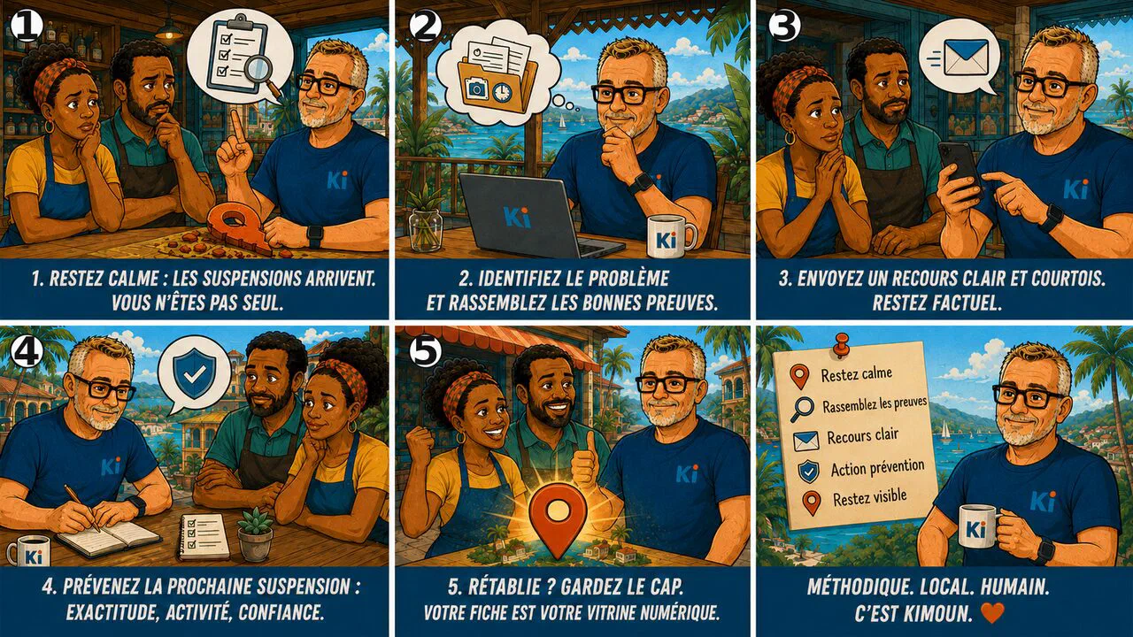 Récapitulatif en six vignettes : rester calme, identifier le problème, envoyer un recours clair, prévenir la prochaine suspension, garder le cap une fois la fiche rétablie.