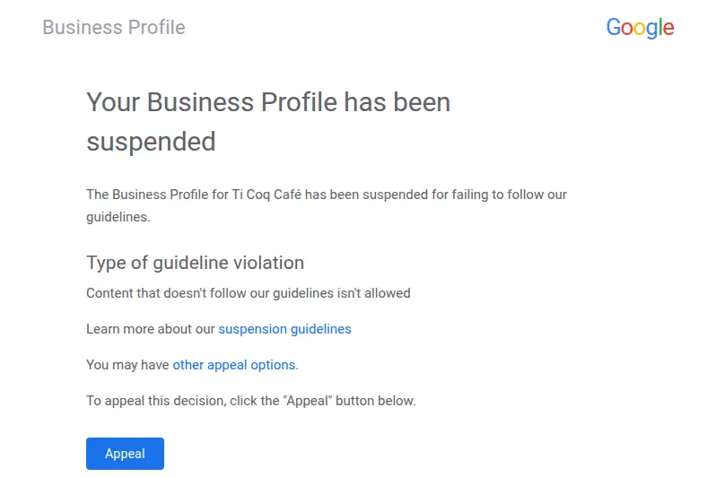 Google notice reading « Your Business Profile has been suspended », with the type of guideline violation and an Appeal button.