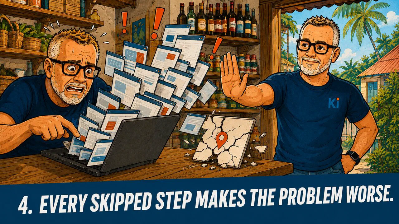 A business owner piles up edits on his listing while a location pin cracks apart; Oliver raises a hand to stop him.