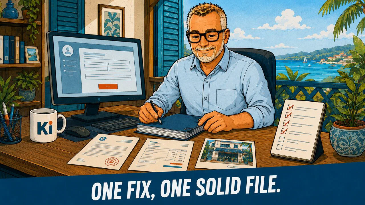 Oliver assembles an appeal file: company registration extract, utility bill, storefront photo and a document checklist on a desk.