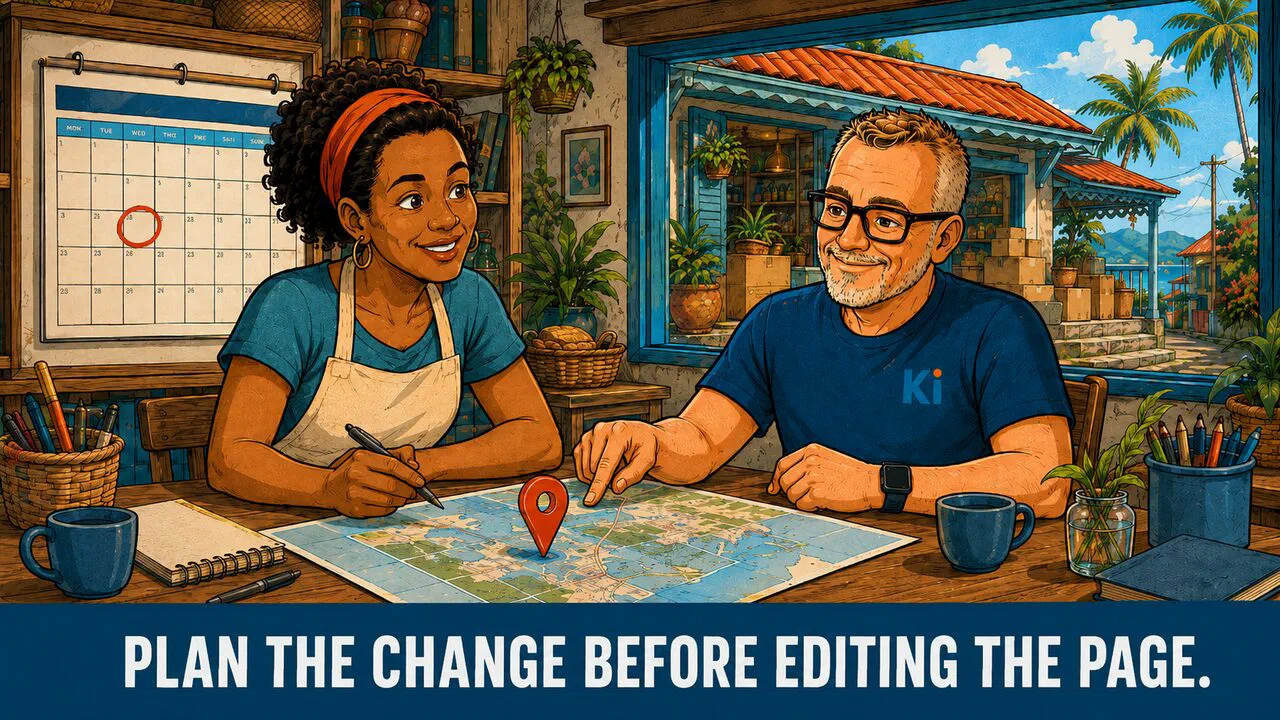 A shop owner and Oliver plan a relocation on a map, calendar on the wall, before any edit is made to the listing.