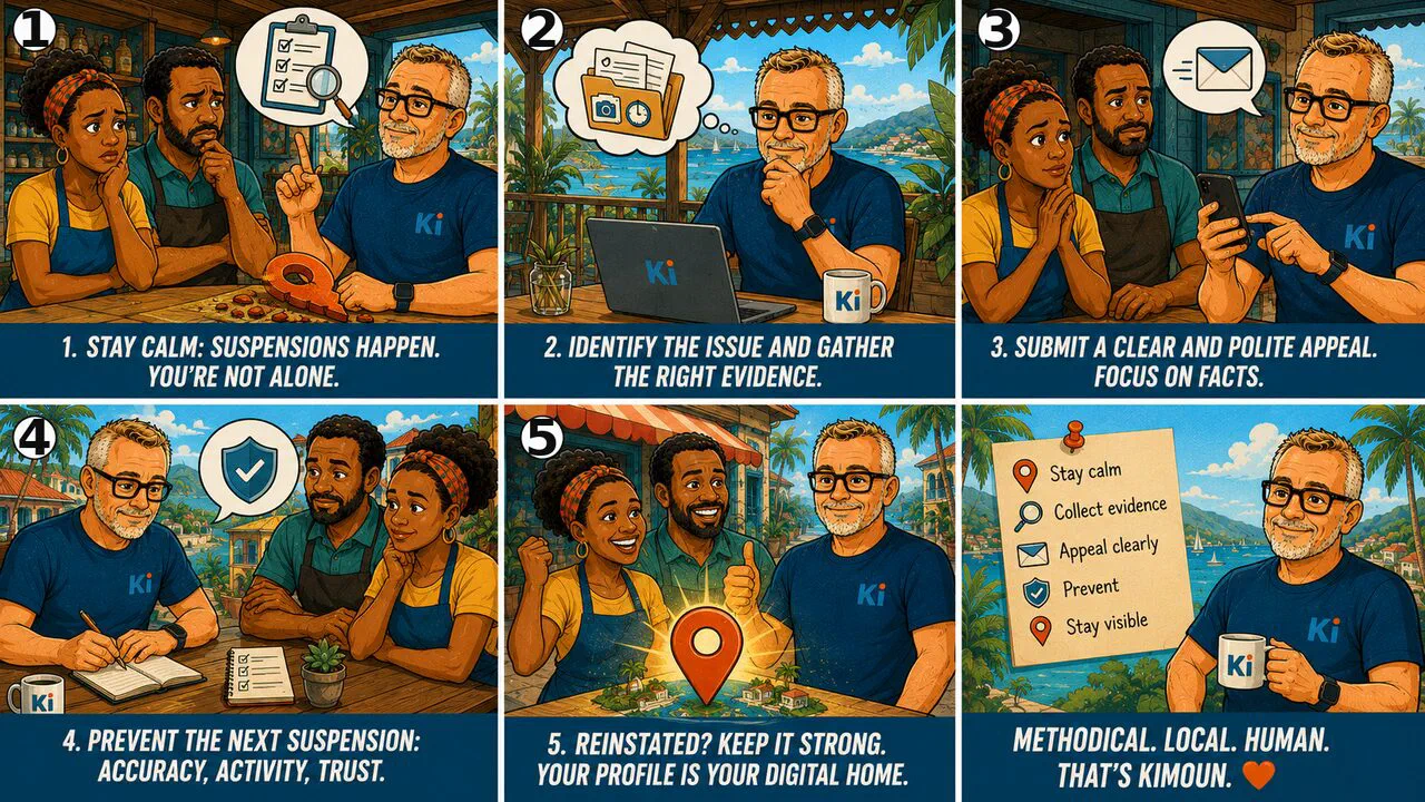 Six-panel recap: stay calm, identify the problem, send a clear appeal, prevent the next suspension, hold the course once the listing is back.