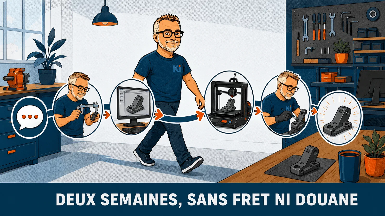 Étapes d'un projet d'impression 3D local : échange, prise de cotes, modélisation, impression, finition, livraison — en deux semaines sans fret ni douane