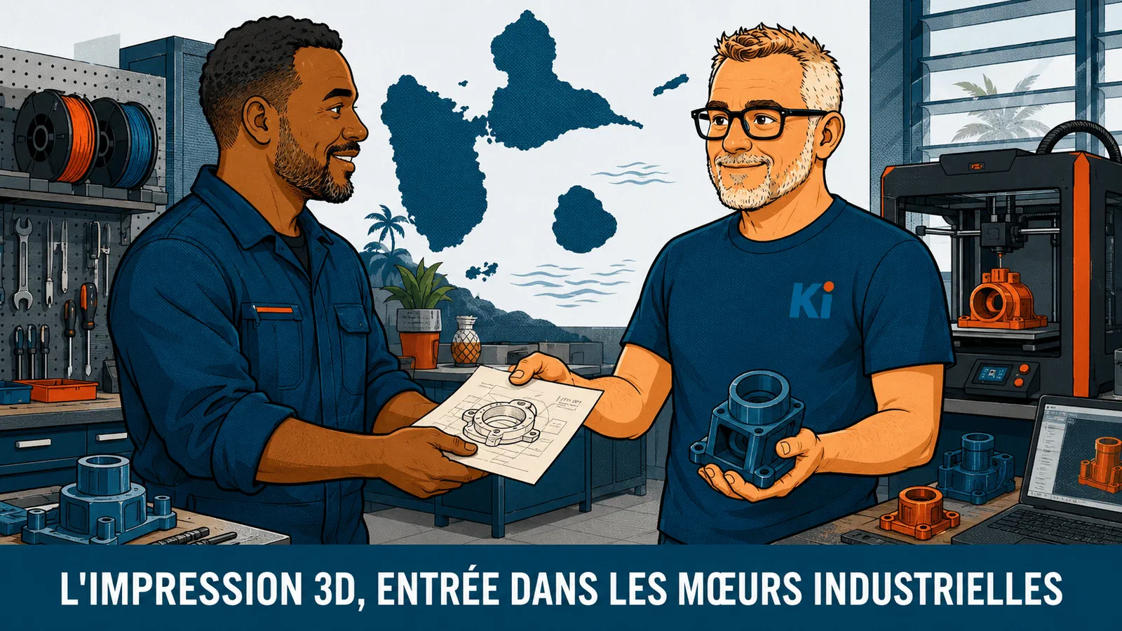 Un industriel guadeloupéen remet un plan à Kimoun pour une pièce imprimée en 3D — l'impression 3D entrée dans les mœurs industrielles du territoire
