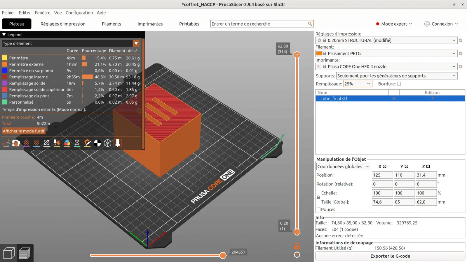 Modèle 3D du support de plaques de test tranché dans PrusaSlicer avant impression : PETG, couches 0,20 mm, remplissage 25 %