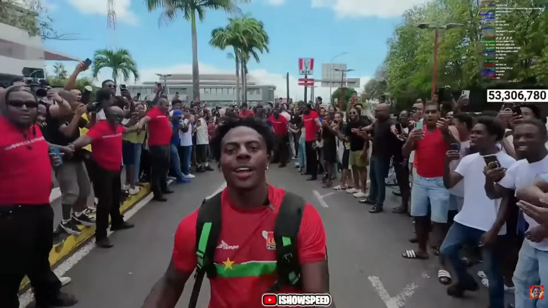 Screenshot from the IShowSpeed Guadeloupe livestream — Caribbean Tour 2026, crowd in Pointe-à-Pitre, April 29, 2026