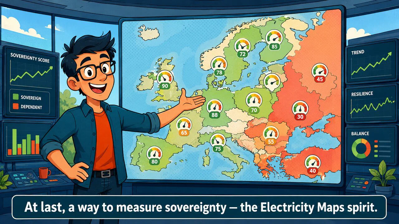 Oliver presents a map of Europe dotted with sovereignty scores, surrounded by dashboards: at last, a way to measure sovereignty, in the Electricity Maps spirit.