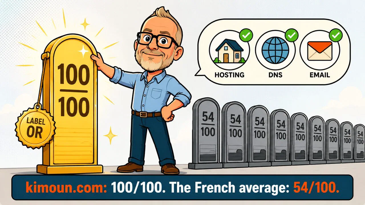 Oliver rests his hand on a large dial showing 100/100, gold label, beside validated hosting, DNS and email icons: kimoun.com at 100/100 when the French average sits at 54/100.