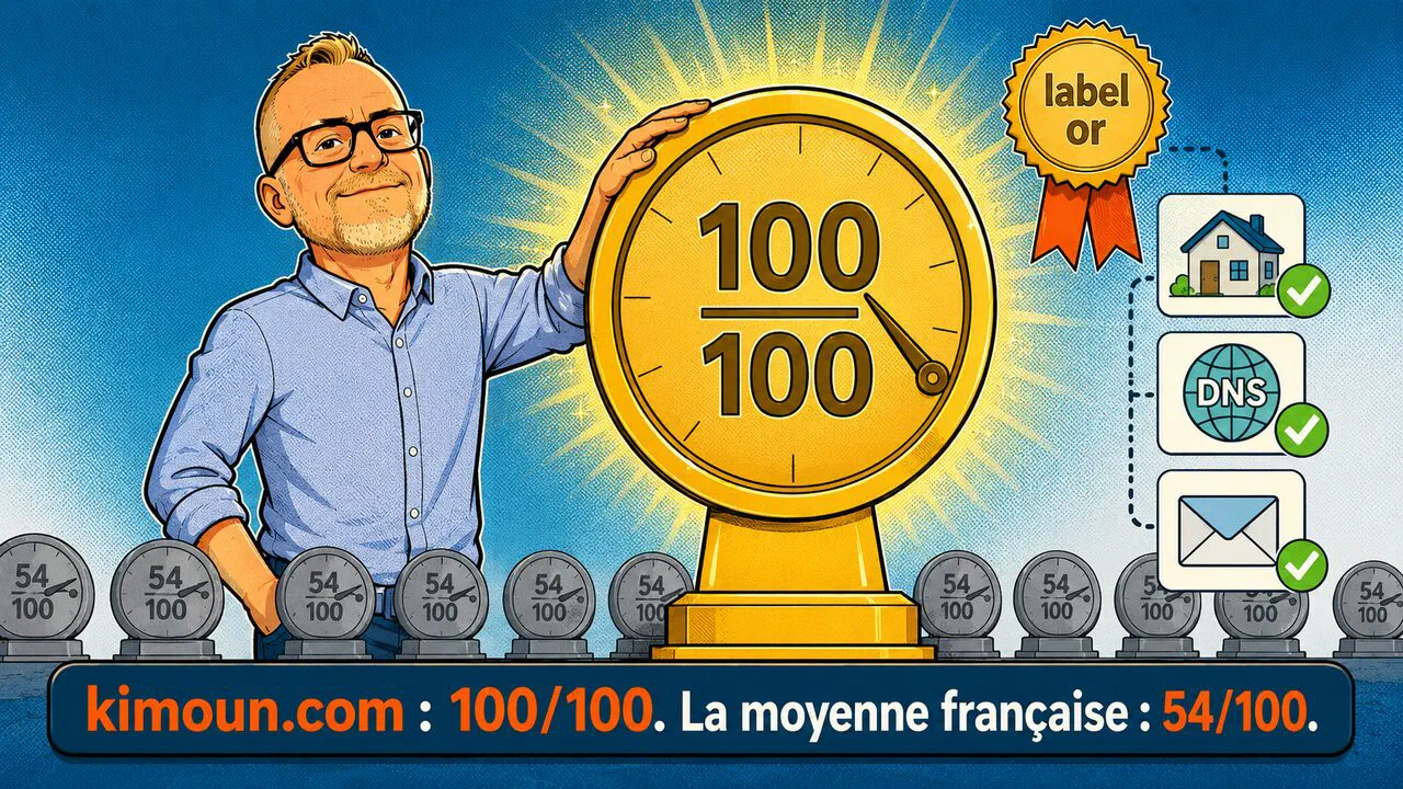 Oliver pose la main sur un grand cadran affichant 100/100, label or, à côté des pictos hébergement, DNS et messagerie validés : kimoun.com 100/100 quand la moyenne française est à 54/100.