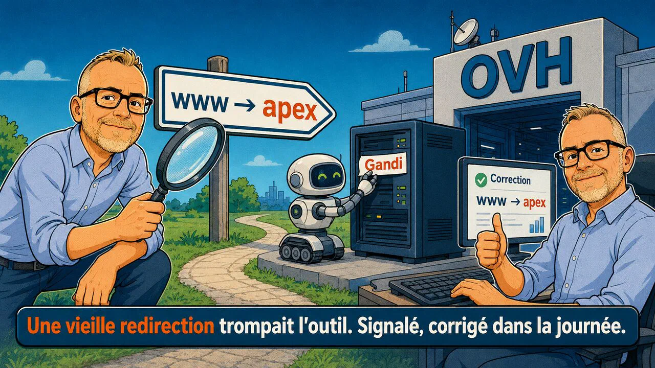 Oliver inspecte une redirection à la loupe : une vieille redirection oubliée a trompé l'outil sur son hébergeur, Gandi au lieu d'OVH — signalé et corrigé dans la journée.