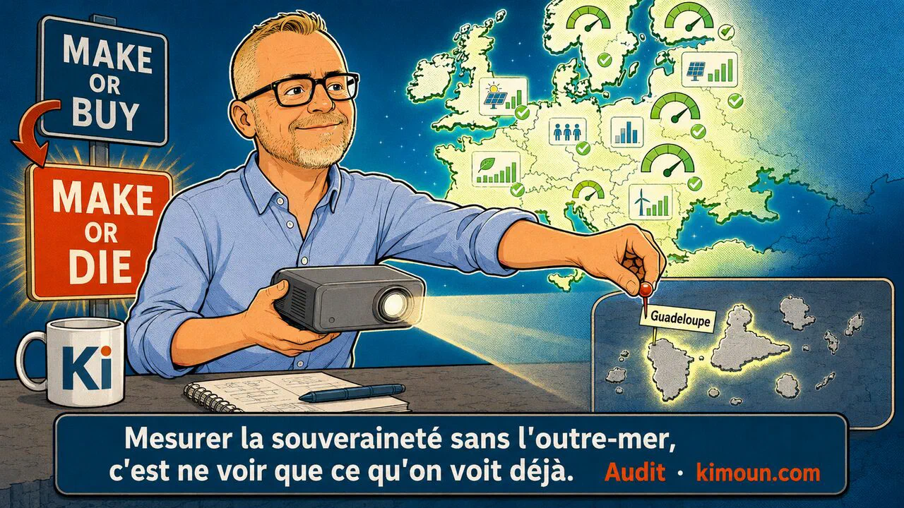 Oliver éclaire d'un projecteur la Guadeloupe, absente de la carte d'Europe de l'outil : mesurer la souveraineté sans l'outre-mer, c'est ne voir que ce qu'on voit déjà.