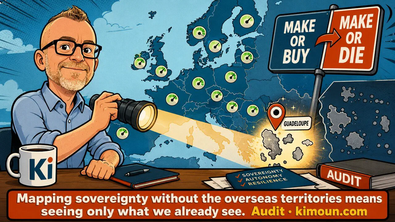 Oliver shines a projector on Guadeloupe, missing from the tool's map of Europe: measuring sovereignty without the overseas territories means seeing only what we already see.
