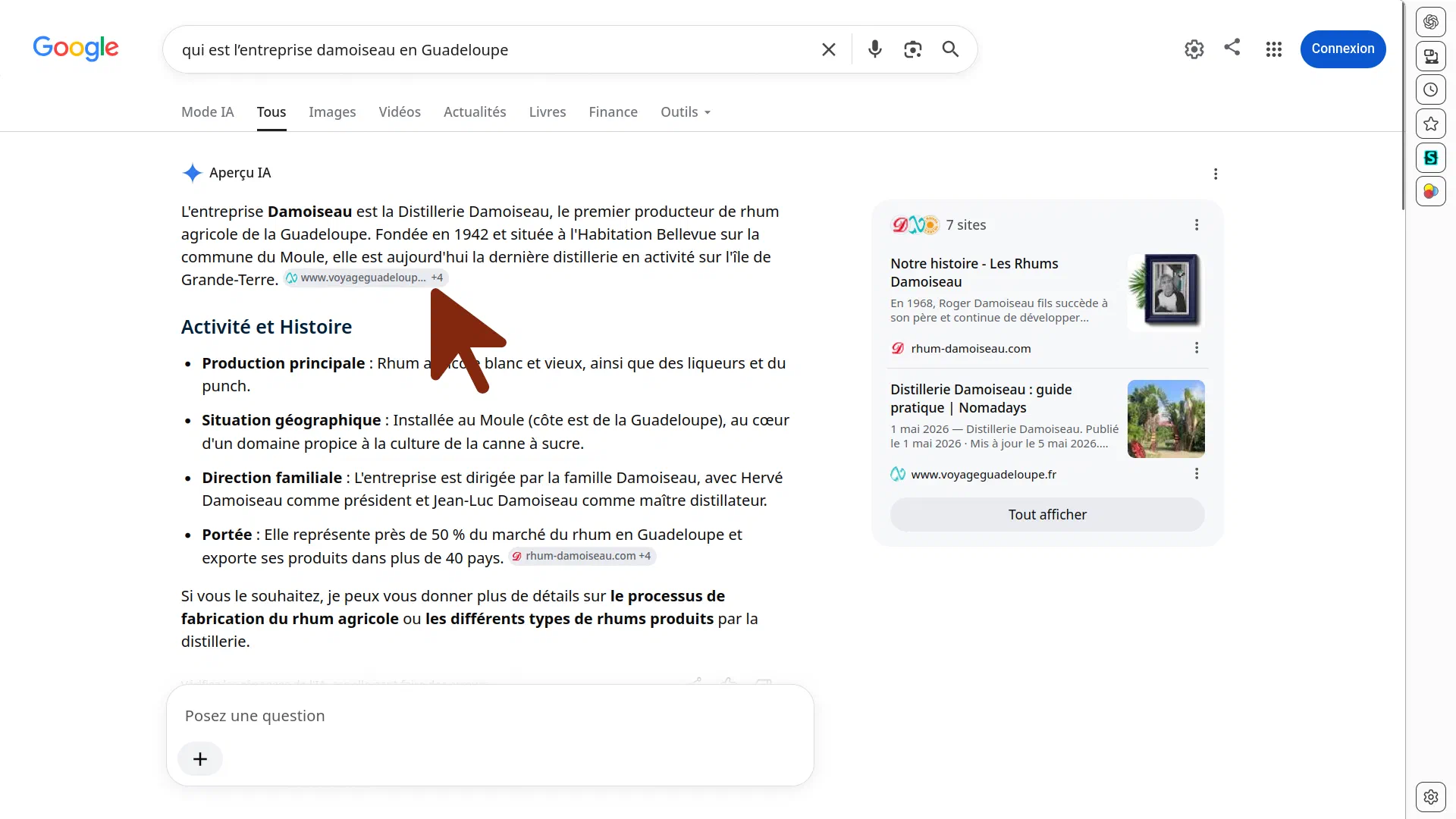 Aperçu IA de Google sur la requête « qui est l'entreprise Damoiseau en Guadeloupe » : une fiche rédigée sur la distillerie, avec sept sources citées dont le site officiel rhum-damoiseau.com et des sites tiers