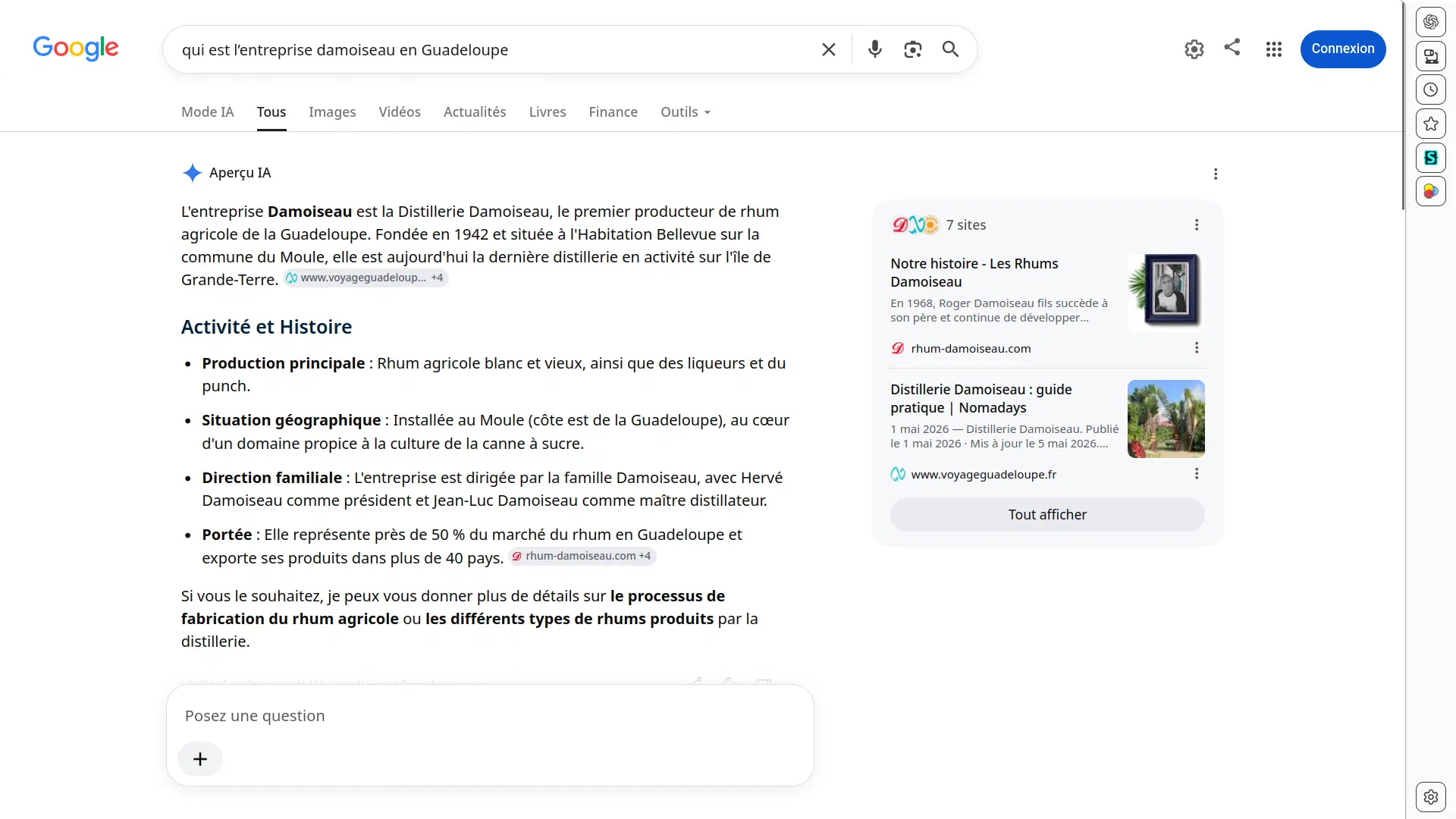 Google AI overview on the query « who is the company Damoiseau in Guadeloupe »: a written profile of the distillery, with seven cited sources including the official site rhum-damoiseau.com and third-party sites