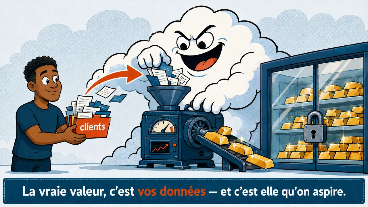 Une créature-nuage transforme les documents qu'on lui confie en lingots d'or qu'elle garde sous clé : la valeur de vos données part chez le géant.