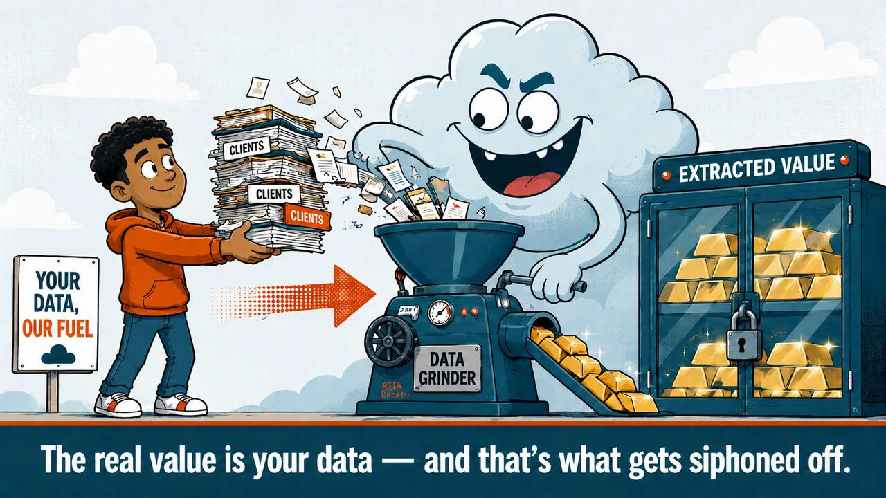 A cloud-creature turns the documents it is handed into gold bars it locks away: the value of your data goes to the giant.