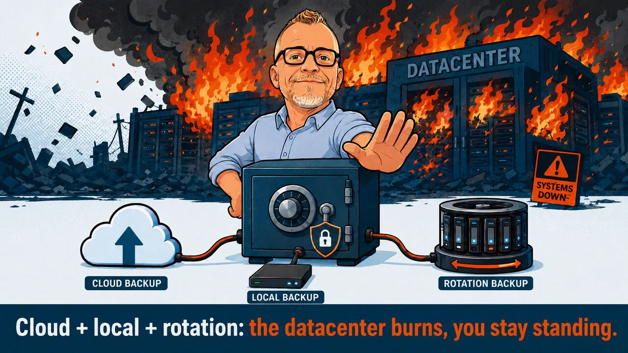 While a datacenter burns in the background, the vault stays protected by three backups: cloud, local and rotating disks.