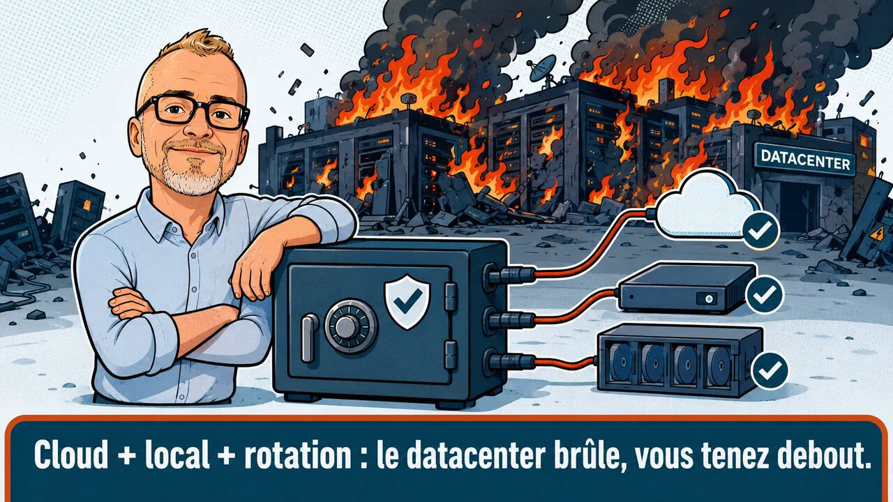 Pendant qu'un datacenter brûle à l'arrière-plan, le coffre reste protégé par trois sauvegardes : cloud, locale et disques en rotation.