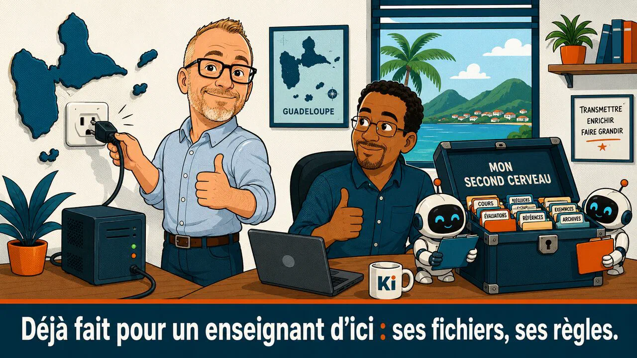Un enseignant guadeloupéen et son deuxième cerveau : son coffre de cours lu par de petits agents, installé par Oliver, branché sur une prise en forme de Guadeloupe.