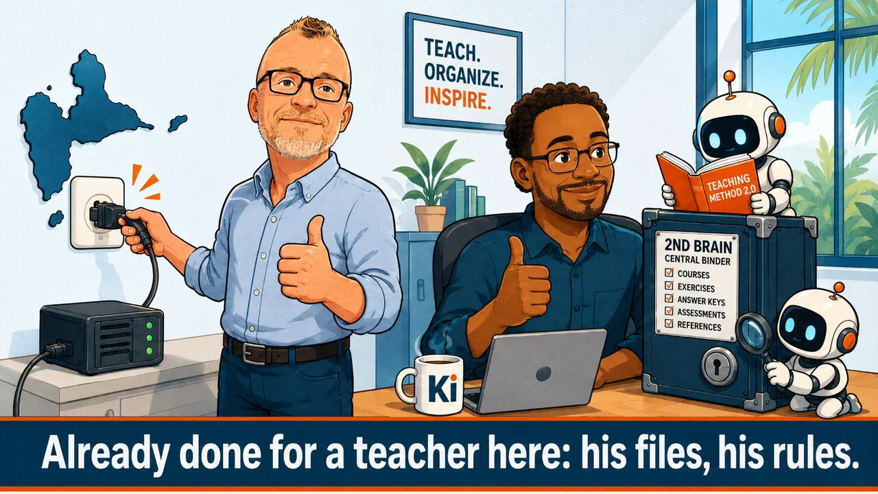 A Caribbean teacher and his second brain: his course vault read by small agents, set up by Oliver, plugged into a Guadeloupe-shaped wall socket.