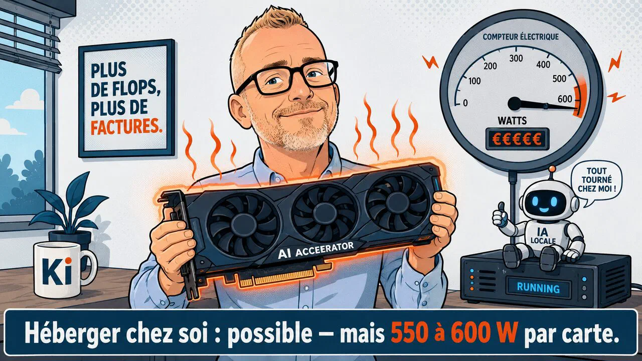 Oliver brandit une carte graphique d'IA brûlante près d'un compteur électrique affolé : héberger les modèles en local consomme beaucoup.