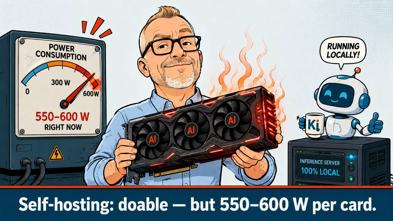 Oliver holds a glowing-hot AI graphics card next to a spinning electricity meter: self-hosting models draws a lot of power.