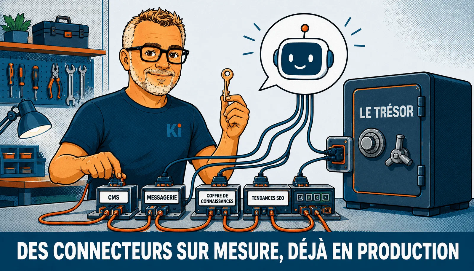 Connecteurs MCP sur mesure développés par Kimoun — CMS, messagerie, coffre de connaissances, tendances SEO — reliés à l'IA avec accès cadré