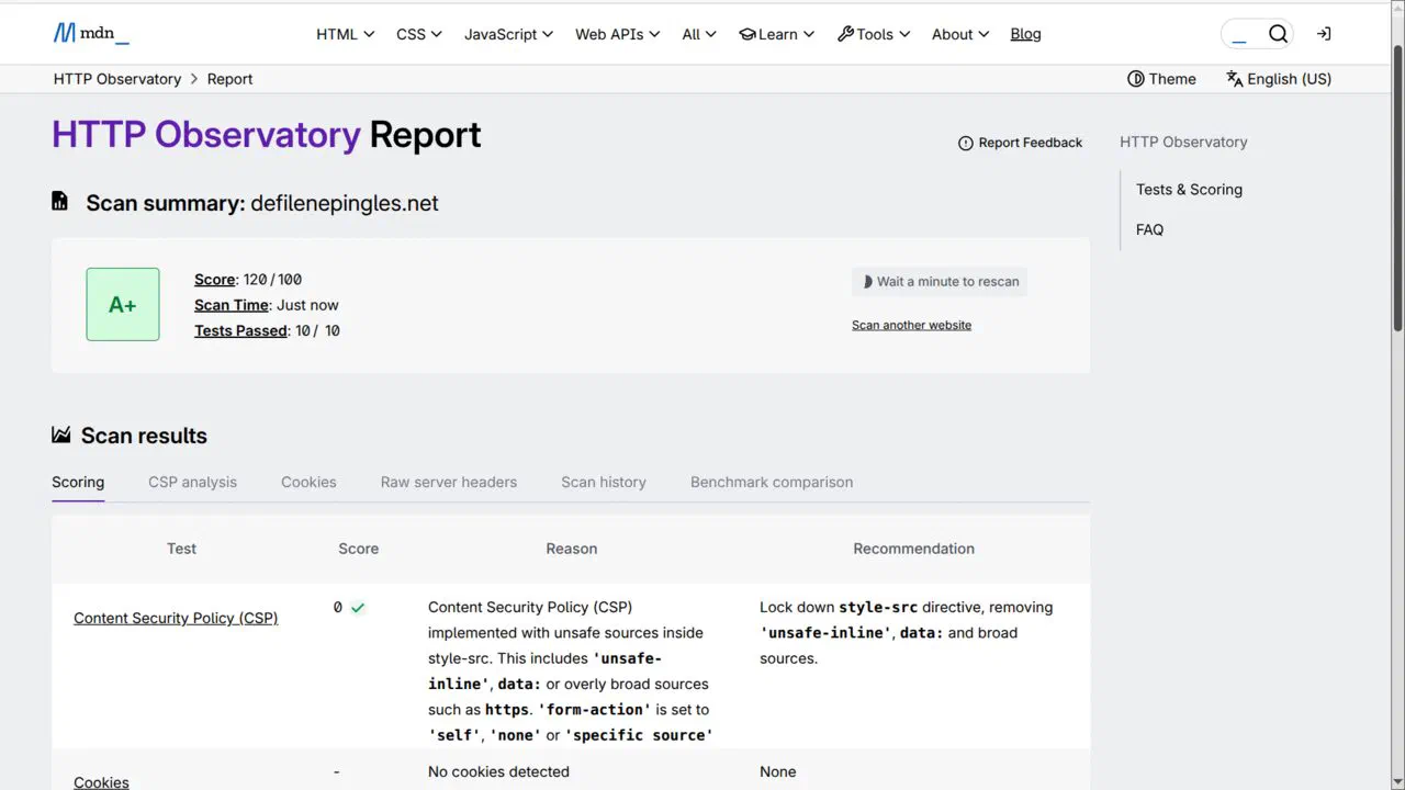 Rapport HTTP Observatory de Mozilla pour defilenepingles.net : note A+ dans un cadre vert, score de 120 sur 100, 10 tests réussis sur 10, et la mention aucun cookie détecté.