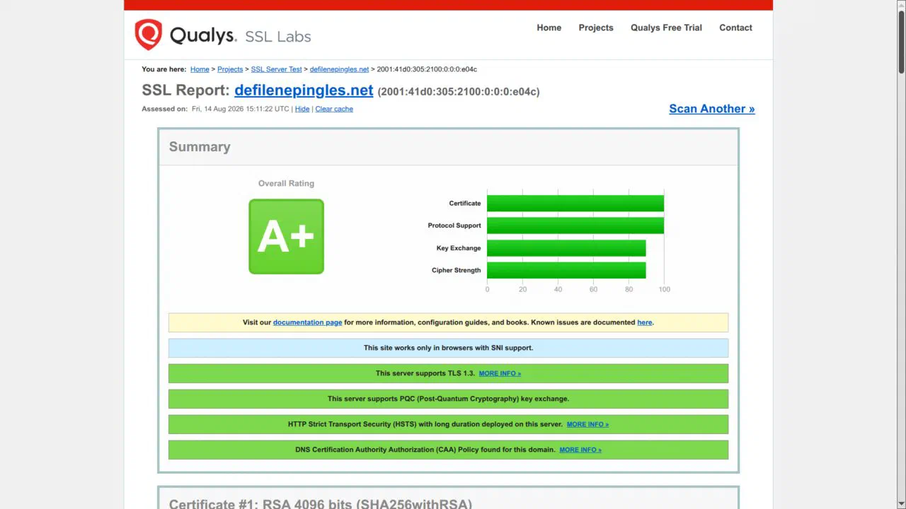 Rapport SSL Labs de Qualys pour defilenepingles.net évalué le 14 août 2026 : note globale A+, et quatre barres vertes pour le certificat, le support des protocoles, l'échange de clés et la robustesse du chiffrement.