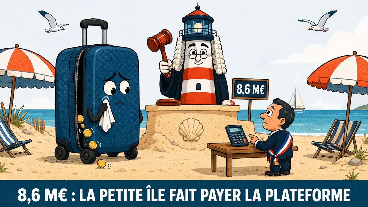 Illustration cartoon : dans un tribunal installé sur la plage, un juge-phare valide l'amende de 8,6 millions d'euros infligée à une plateforme de location