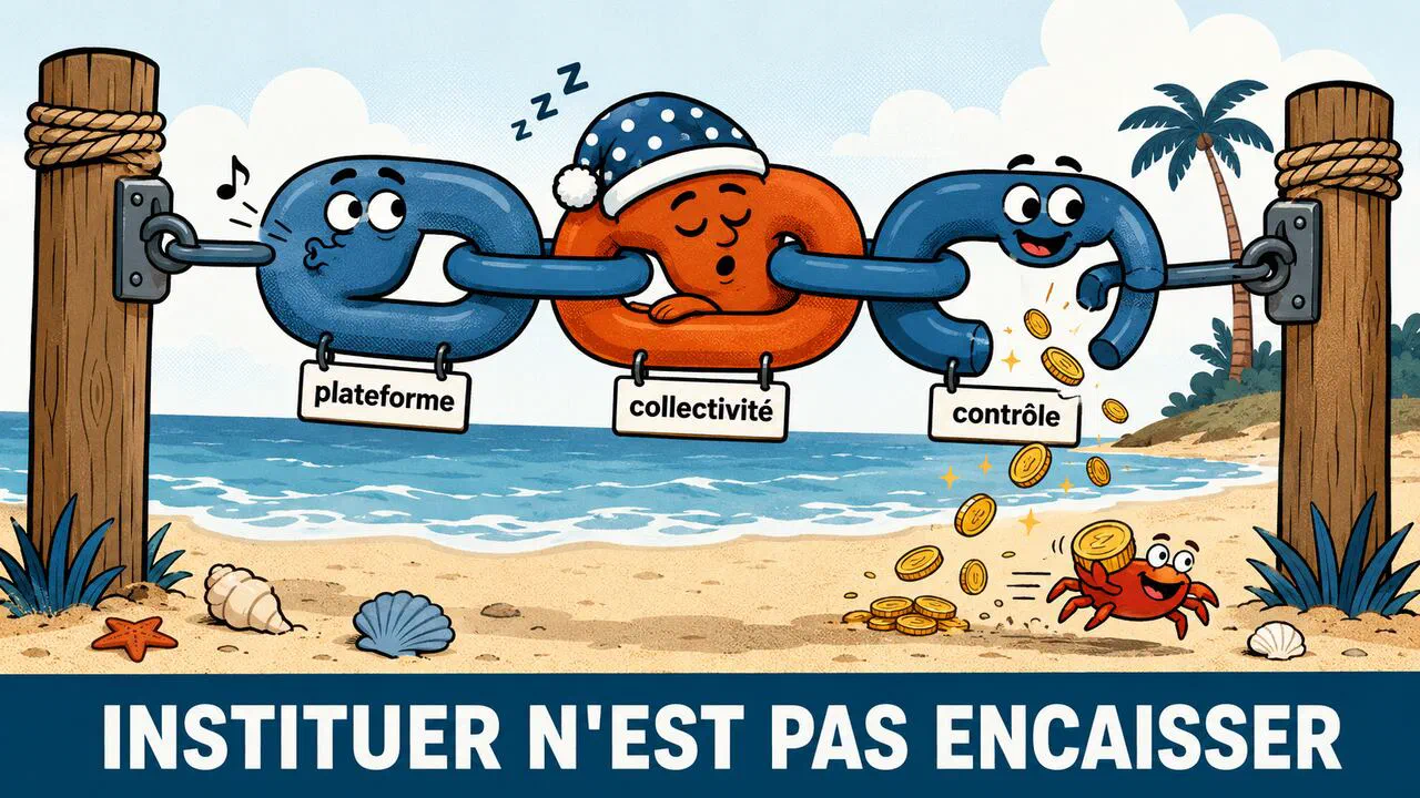 Illustration cartoon : la collecte de la taxe de séjour en trois maillons — plateforme, collectivité, contrôle — dont un cède