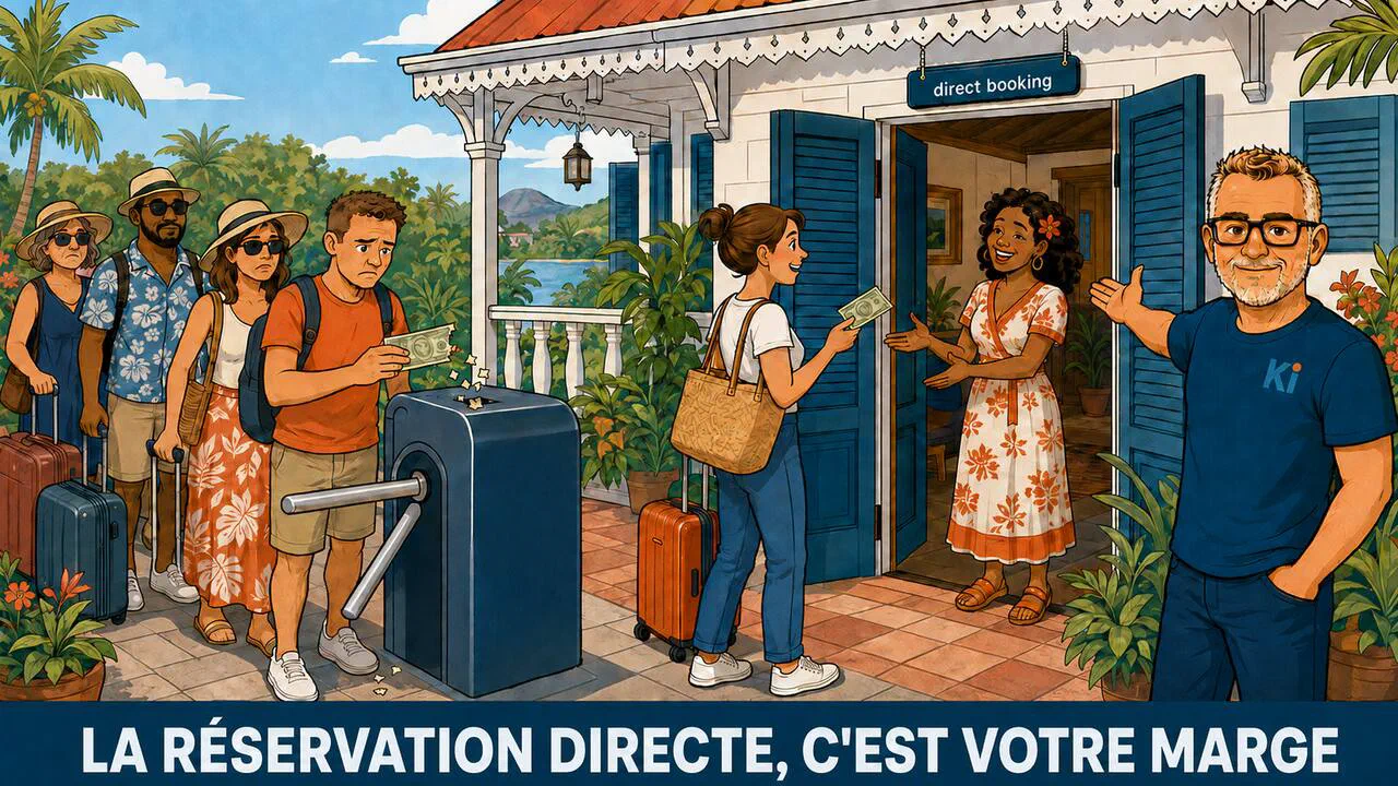 Illustration cartoon : devant un gîte guadeloupéen, deux files de voyageurs — réservation directe d'un côté, plateforme et sa commission de l'autre