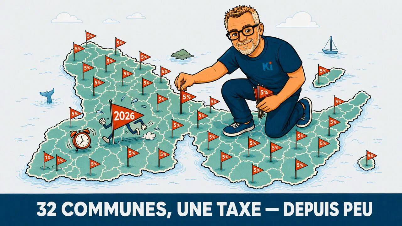 Map of the tourist tax in Guadeloupe — cartoon illustration: all 32 municipalities planted with 5% flags